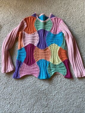 Hand knit sweater in candy colored cotton, medium weight yarn, size S